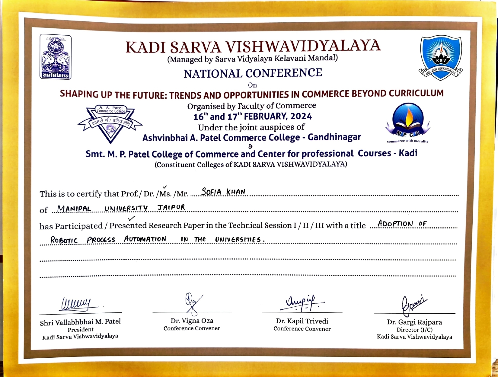 Certificate for National Conference on Shaping Up the Future: Presentation on RPA Adoption in Universities in Feb 2024